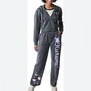 NWT SANRIO - KUROMI PUFF PRINT Charcoal FLEECE HOODIE SET LARGE